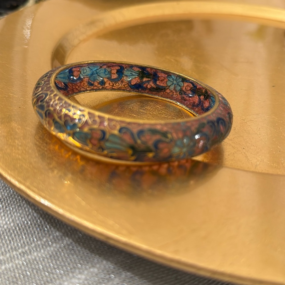 Vintage Plique A Jour Bangle Bracelet Pink & Blue Floral Design Stained Glass - Picture 2 of 8